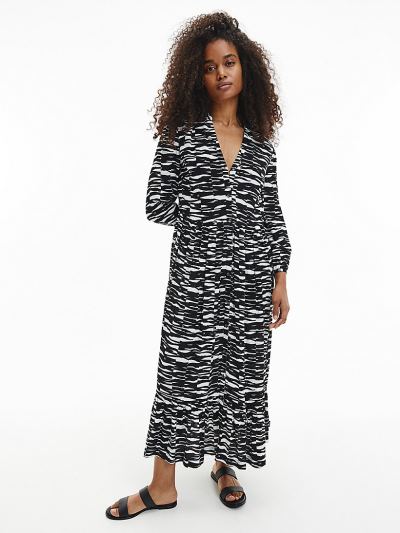 Calvin Klein Ruhák HU641503 | Calvin Klein Printed Ruffle Maxi Női Ruha Csíkok / Fekete